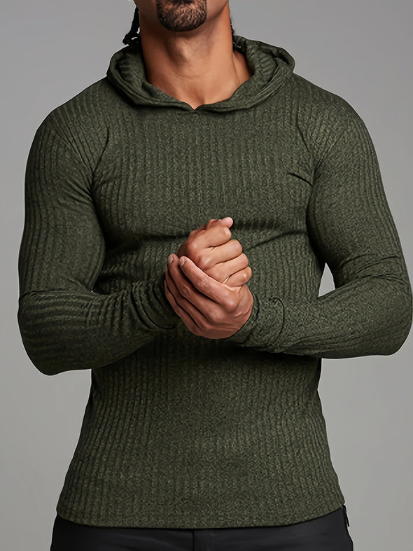 Men's Fashionable Striped Knit Hooded Sweatshirt - Stretchy, Skinny Fit, Long Sleeve, Chic Design - Perfect for Spring, Autumn, Fitness, Outdoors, Sports, Casual Wear