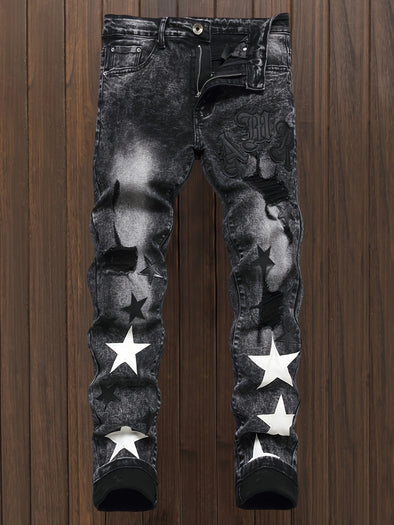 y2k Star Pattern Slim Fit Jeans - Men's Casual Stretch Denim Pants with Street Style for All Seasons, Comfortable and Versatile