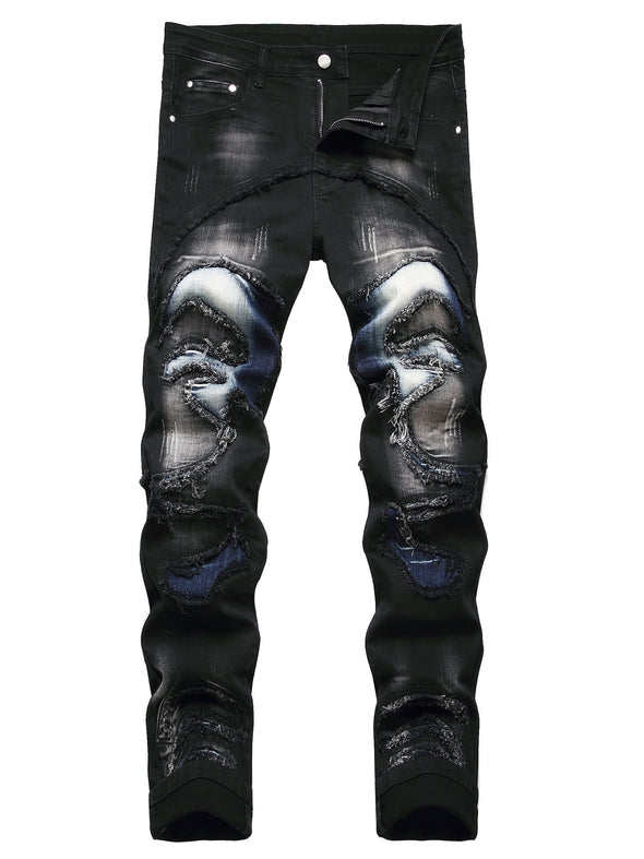 Trendy Ripped Denim Jeans - Men's Fashion Jeans with Distressed Details, Raw Trims, and Stylish Streetwear Design - Perfect for Casual Outings and Fashion Enthusiasts