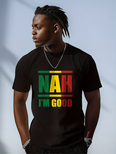 Vibrant Graphic NAH IM GOOD Crew Neck Cotton T-Shirt - Relaxed Fit, Slight Stretch, Patterned, Summer Essential - Casual Mens Tee for Adults