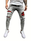 Paint Splatter Chain Decor Ripped Slim Fit Jeans - Men's Casual Street Style Distressed Mid Stretch Denim Pants for Spring Summer with Comfortable Wear and Versatile Style