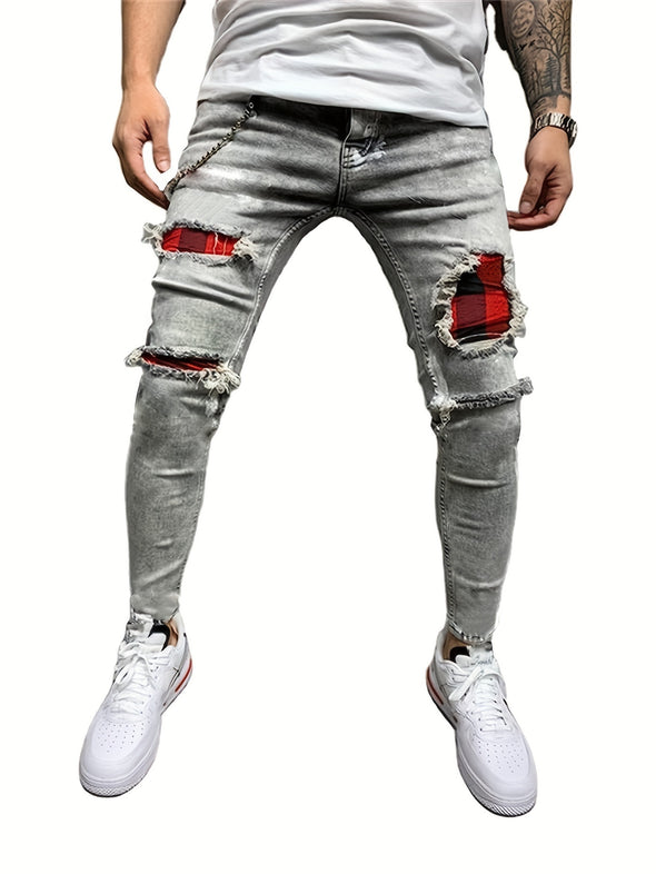 Paint Splatter Chain Decor Ripped Slim Fit Jeans - Men's Casual Street Style Distressed Mid Stretch Denim Pants for Spring Summer with Comfortable Wear and Versatile Style