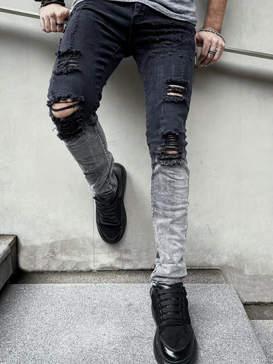 Mens Fashion Ripped Gradient Color Jeans - Stylish Streetwear Denim Pants with Distressed Details, Comfortable Casual Wear for Everyday - Stylish and Trendy