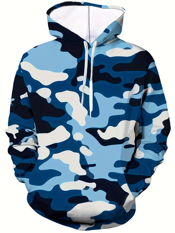 Mens Camo Hooded Sweatshirt Pullover - Soft Slight Stretch Polyester Fabric, Kangaroo Pocket, Machine Washable, Regular Fit, Streetwear for Winter Fall - Ideal Gift for Him