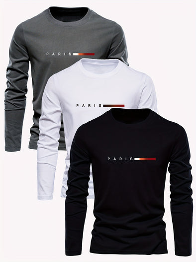 3-Pack Men's Breathable Long Sleeve T-Shirts - Soft 100% Cotton, Casual Crew Neck, Paris Applique, Letter Print Design, Daily & Weekend Wear for Spring and Fall Seasons