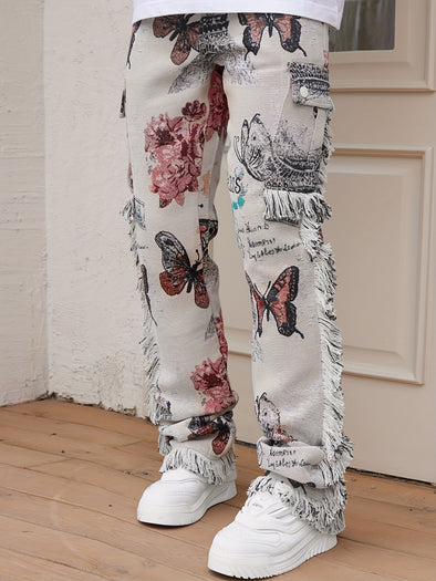 Men's Vintage Butterfly Pattern Loose Straight Leg Long Pants - Hip Hop Style Denim Jeans for Outdoor Activities with Raw Hem Design and Relaxed Fit