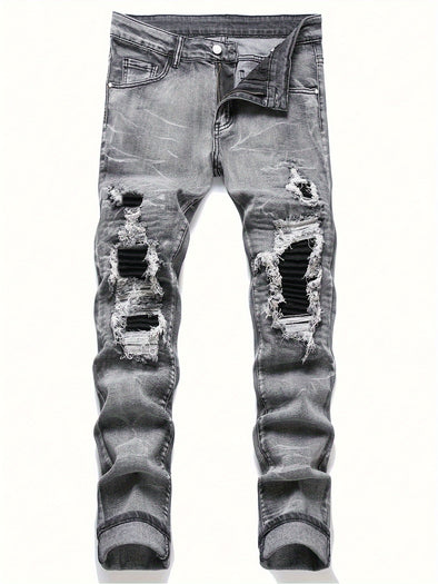 Men's Slim-Fit Distressed Ripped Jeans - Stylish Fashion Denim Pants with Versatile Five-Pocket Design, Soft Fabric, and Classic Button Fly for All Seasons and Occasions