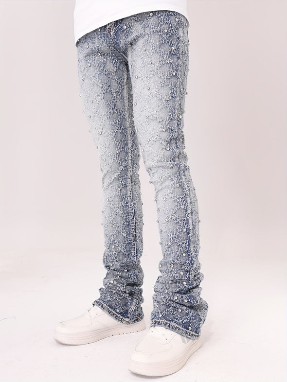 Mens Glamorous Rhinestone & Aqua Blue Denim Jeans - Slim-Fit, Mid Stretch, Stacked Design - Trendy Casual Pants for Fashion-Forward Outdoor Street Style