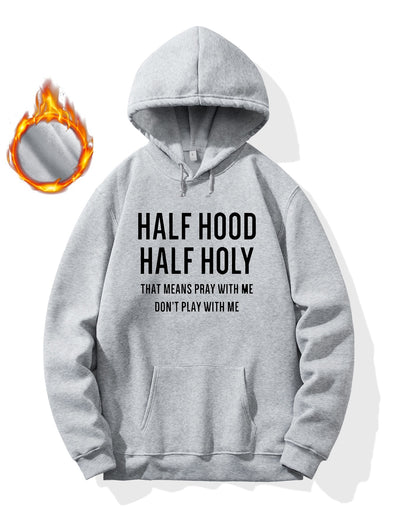 Half Hood Half Holy Graphic Print Hoodie - Soft Pullover Sweatshirt with Kangaroo Pocket and Unique Design - Perfect for Stylish Men, Casual Streetwear, Winter and Fall, and as Thoughtful Gifts