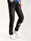 Men's Lettering And Palm Tree Embroidered Distressed Frayed Slim Fit Jeans