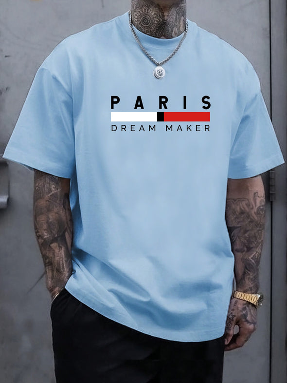 Plus Size Men's Fashionable Paris Letter Graphic Tee - Soft Short Sleeve Crew Neck Streetwear Shirt for Casual Daily Wear - Trendy Comfortable Summer Top