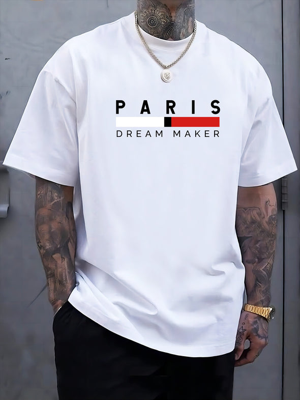 Plus Size Men's Fashionable Paris Letter Graphic Tee - Soft Short Sleeve Crew Neck Streetwear Shirt for Casual Daily Wear - Trendy Comfortable Summer Top