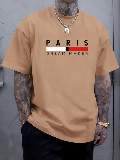 Plus Size Men's Fashionable Paris Letter Graphic Tee - Soft Short Sleeve Crew Neck Streetwear Shirt for Casual Daily Wear - Trendy Comfortable Summer Top