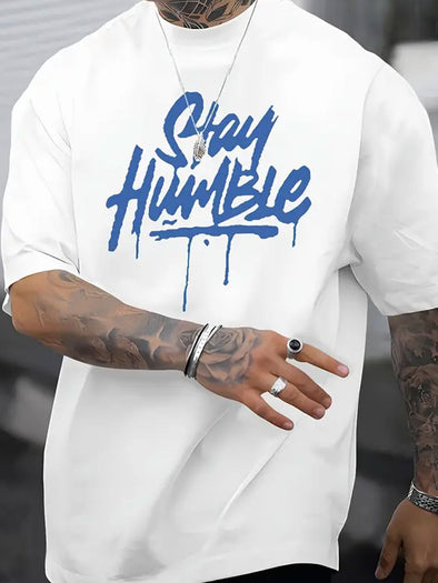 Mens Relaxed Fit Humble Tee - Soft Blue Short Sleeve Summer Top with "Stay Humble" Letter Print - Casual Novelty T-Shirt for Everyday Wear