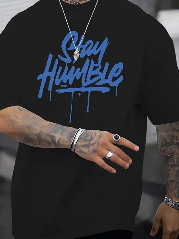 Mens Relaxed Fit Humble Tee - Soft Blue Short Sleeve Summer Top with "Stay Humble" Letter Print - Casual Novelty T-Shirt for Everyday Wear