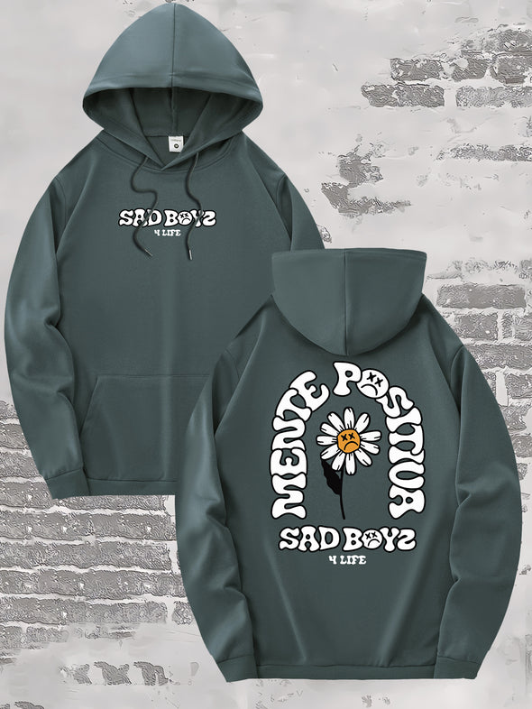 Men's Hooded Sweatshirt with Daisy Graphic and Letter Print - Casual Pullover Hoodie with Kangaroo Pocket, Adjustable Drawstring, Slight Stretch, Knit Polyester Fabric - Fall/Winter Collection