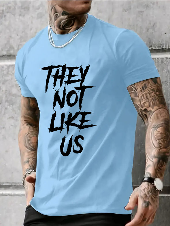 Letter They Not Like Us Print Crew Neck Comfortable Short-sleeve Shirt With Fashion Pattern Print, Suitable For Casual Daily Outdoor And Activities At Home