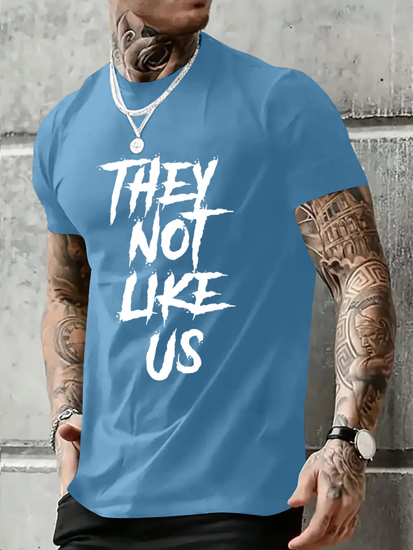 Letter They Not Like Us Print Crew Neck Comfortable Short-sleeve Shirt With Fashion Pattern Print, Suitable For Casual Daily Outdoor And Activities At Home