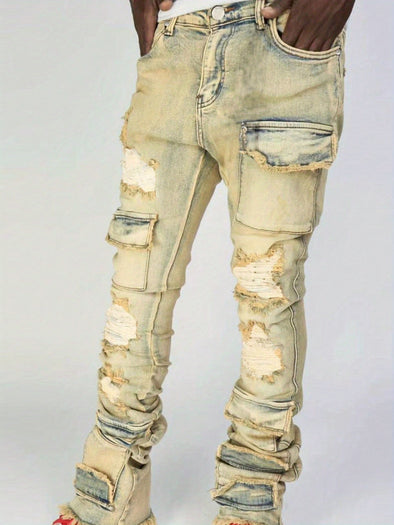 [Fast Arrival] Stylish Ripped Skinny Cargo Pants - Casual Trousers for Streetwear with Multiple Pockets, Distressed Denim Fabric, and Comfortable Fit for Men