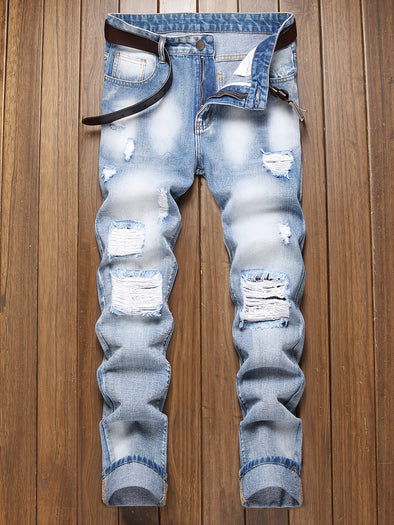 Mens Fashionable Slim Fit Ripped Jeans - Distressed Denim with Barrel Leg Design - Comfortable Cotton Blend Casual Street Wear Pants