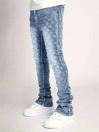 Men's Slim Fit Stretch Denim Jeans with Rhinestone Accents and Multi-Pocket Design - Casual Streetwear, Machine Washable