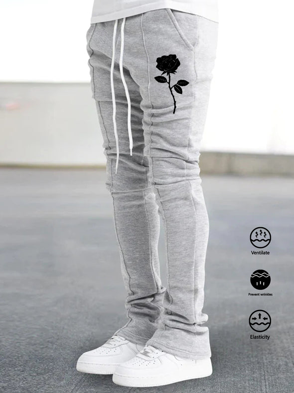 Mens Ultra-Comfortable Rose Print Bell-bottom Joggers - Stretchy Hip Hop Style for All Seasons, Perfect for Band Performances and Fitness Routines