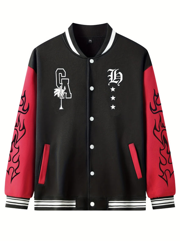 Varsity Star Print Embroidered Baseball Jacket - Color Block, Slight Stretch, Machine Washable, Regular Fit, Polyester Knit Fabric - Perfect for Spring, Fall, School, Baseball Events