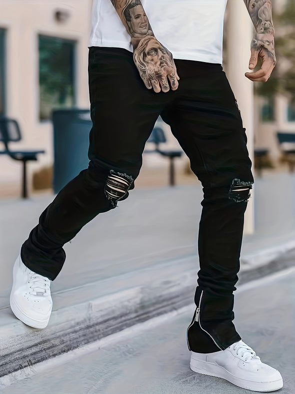 Mens Premium Ripped Biker Jeans - Comfortable Medium Stretch, Ultra-Skinny Fit, Trendy Street Style with Fashionable Rips