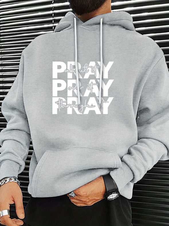 Trendy Graphic "PRAY" Hoodie - Soft Brushed Fleece, Kangaroo Pocket, Comfy Pullover Design, Fall Winter Essential for Men, Casual Streetwear, Graphic Sweatshirt for Everyday Wear