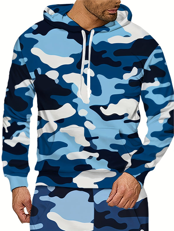 Mens Camo Hooded Sweatshirt Pullover - Soft Slight Stretch Polyester Fabric, Kangaroo Pocket, Machine Washable, Regular Fit, Streetwear for Winter Fall - Ideal Gift for Him