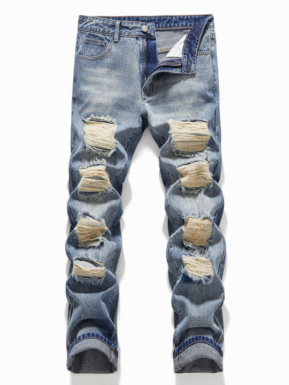 Trendy Mens Straight Leg Ripped Denim Jeans - Fashionable & Distressed Cotton Blend Pants for Spring Summer Street Style