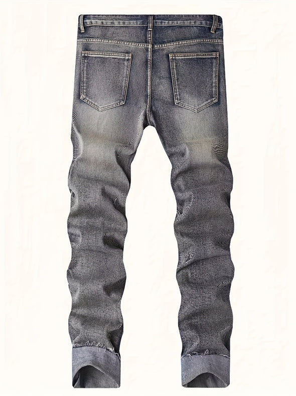 Authentic Men's Chic Raw Trim Jeans - Stylish Street Retro Denim Pants with Classic Five-Pocket Design, Comfortable Fit, and Distressed Details - Perfect for Casual Daily Wear