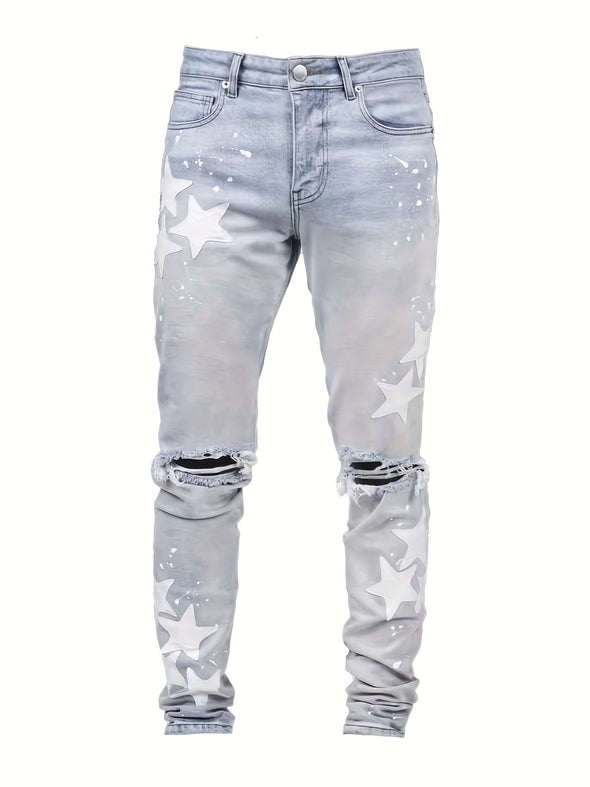 Mens Ripped Frayed Slim Fit Jeans - Premium Solid Cotton Blend, Street Style Bottoms with Stars Pattern Design, Comfortable and Stylish for Casual Wear