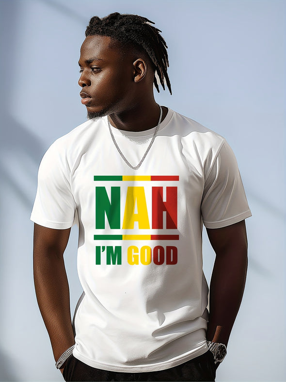 Vibrant Graphic NAH IM GOOD Crew Neck Cotton T-Shirt - Relaxed Fit, Slight Stretch, Patterned, Summer Essential - Casual Mens Tee for Adults