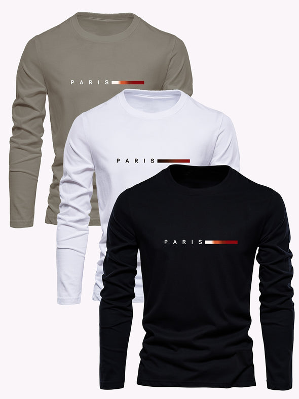 3-Pack Men's Breathable Long Sleeve T-Shirts - Soft 100% Cotton, Casual Crew Neck, Paris Applique, Letter Print Design, Daily & Weekend Wear for Spring and Fall Seasons