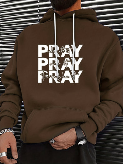 Trendy Graphic "PRAY" Hoodie - Soft Brushed Fleece, Kangaroo Pocket, Comfy Pullover Design, Fall Winter Essential for Men, Casual Streetwear, Graphic Sweatshirt for Everyday Wear