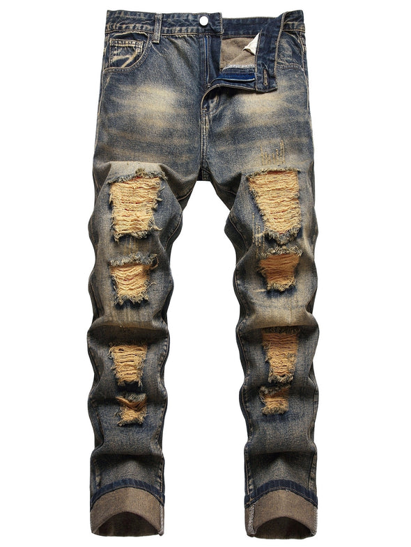 Trendy Mens Straight Leg Ripped Denim Jeans - Fashionable & Distressed Cotton Blend Pants for Spring Summer Street Style