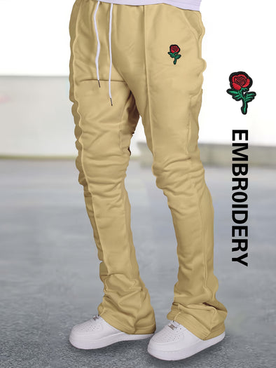 Embroidered Red Rose Print Jogger Pants - Soft Slight Stretch Polyester Fabric, Regular Fit, Drawstring Waist, Loose Casual Style for Spring Autumn Running Jogging Outdoor Fitness Holiday Daily Commute Dates - All-Season Wear, Knit Fabric, No Sheer