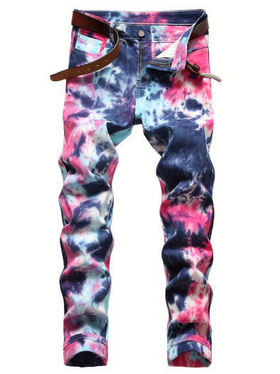 Mens Vibrant Tie Dye Slim Fit Jeans - Comfortable Stretch, Cotton Blend Denim - Perfect for Spring Summer Style