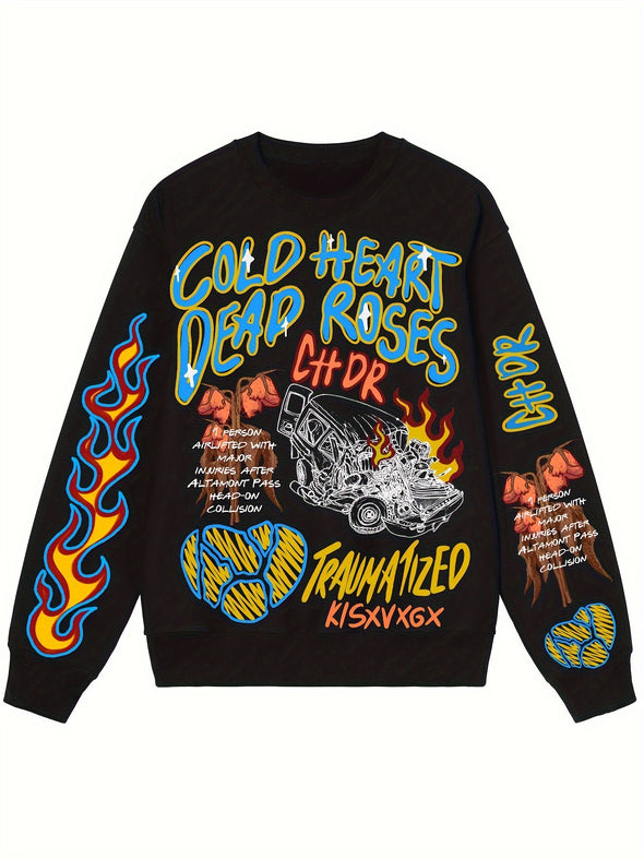 Men's Trendy Street Style Crew Neck Sweatshirt With Cold Heart Letter And Fire Graffiti Pattern, Cotton Blend Long Sleeve Pullover