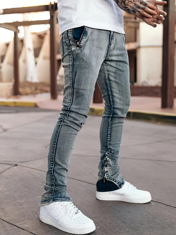 Stretchy Skinny Fit Men's Jeans - Streetwear Inspired, Bottom Zipper Closure, Soft and Breathable Fabric, Comfortable and Versatile Casual Wear - Perfect for Daily Life and Outdoor Activities