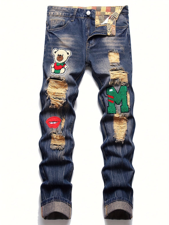 Mens Ripped Cargo Denim Pants - Stylish Streetwear with Slight Stretch, Regular Fit, and Solid Color Pattern - Perfect for All Seasons and Occasions