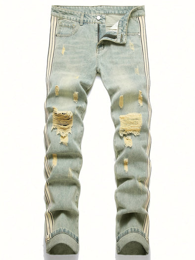 Authentic Ripped Denim Jeans - Men's Casual Street Style Regular Fit Pants for All Seasons with Versatile Fashion Sense