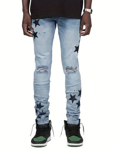 Stylish Ripped Stars Graphic Print Slim-Fit Jeans - Men's Cotton Blend Denim Trousers for Outdoor Activities with Multiple Pockets, Street Style Fashion, Comfortable Wear, and Versatile Design