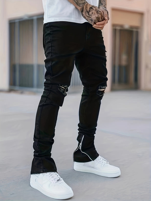 Mens Premium Ripped Biker Jeans - Comfortable Medium Stretch, Ultra-Skinny Fit, Trendy Street Style with Fashionable Rips