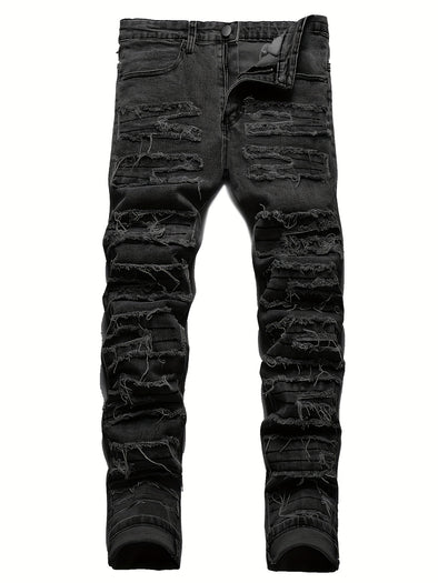 Men's Distressed Slim Fit Jeans - Designed Tassels, Medium Stretch Denim, Casual Street Style, Five-Pocket Design, Comfortable Wear, Fashionable Pants for Daily Life