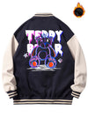 Men's Embroidered Toy Bear Varsity Jacket - Casual Stretch Fit, Durable Polyester, Color Block Design for Spring/Fall