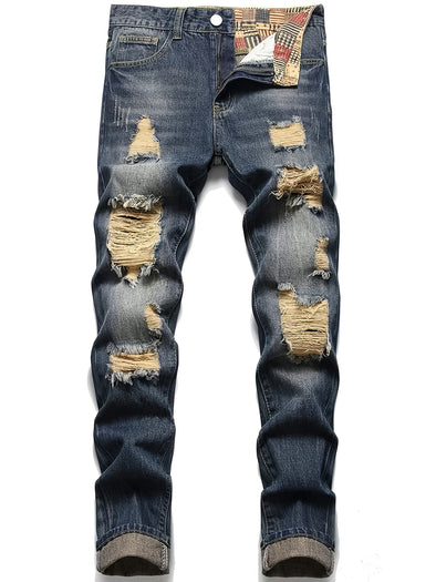 Mens Classic Ripped Jeans - Comfortable Non-Stretch Denim Pants with Distressed Details for All Seasons - Regular Fit, Solid Color, Woven Fabric