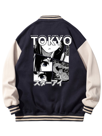 Mens Trendy Anime Embroidered Varsity Jacket - Color Block Style for Spring, Fall, and School - Eye-Catching Portrait Design with Durable Stitching