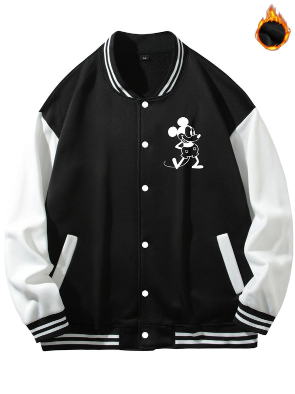 Steamboat Willy Graphic Print Long Sleeve Plush Jacket - Soft, Lightweight, Warm, and Trendy Baseball Jacket with Pockets for Autumn and Winter Outdoor Sports - Perfect for Casual Daily Wear and Gift Ideas